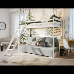 Hoogslaper met Slaapbank Sophie - Wit / Ribstof Grijs - Direct Leverbaar!