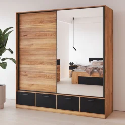 Kledingkast Bern - 2-deurs incl. 4 lades + spiegel - Wotan Eiken / Zwart