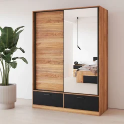 Kledingkast Bern - 2-deurs incl. 2 lades + spiegel - Wotan Eiken / Zwart