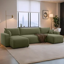 Slaapbank Pim - Teddy stof - U-bank 4-zits met opbergruimte - Universeel